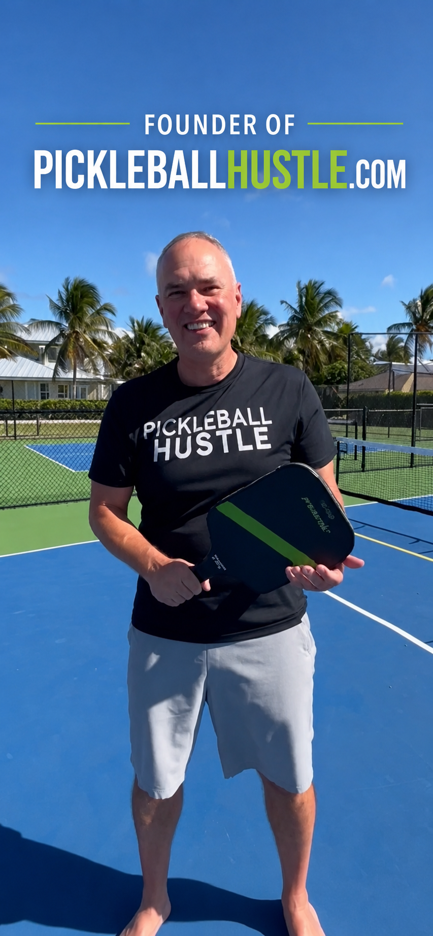 Alex Zubarev, founder of Pickleball Lookup, holding a paddle on a pickleball court
