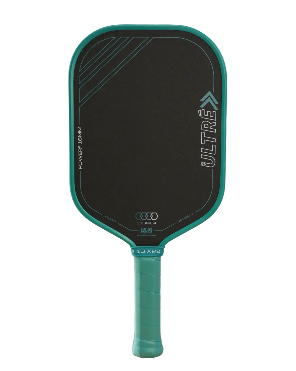 11SIX24 Ultré Power 2 pickleball paddle, front face — hybrid shape, Raw carbon hitting surface