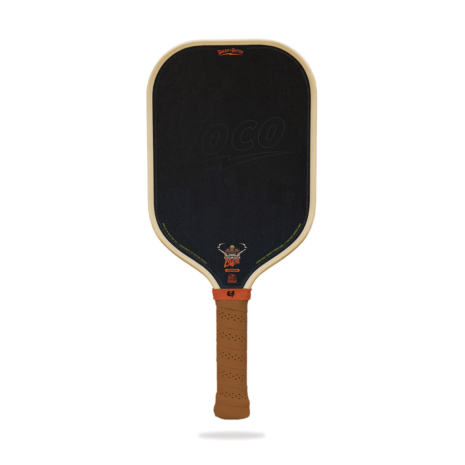 Bread & Butter Loco 16mm Elongated pickleball paddle, front face — elongated shape, Carbon–fiberglass–carbon hitting surface