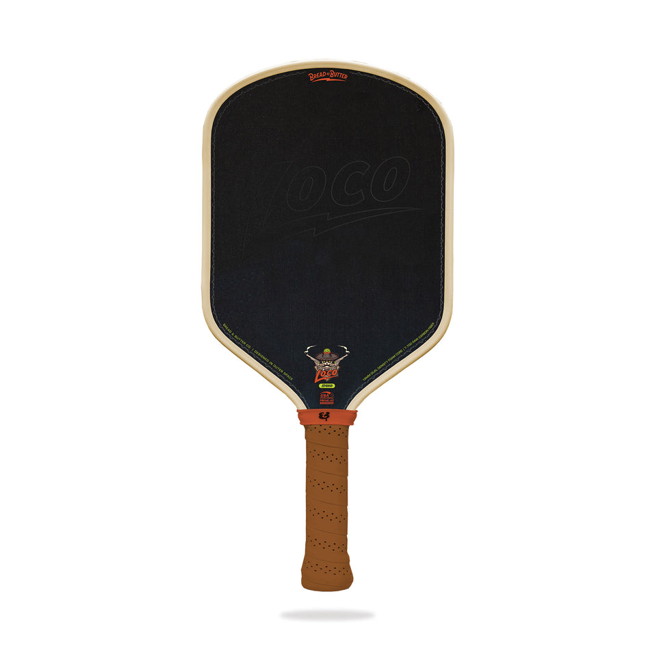 Bread & Butter Loco 16mm Hybrid pickleball paddle, front face — hybrid shape, Carbon–fiberglass–carbon hitting surface