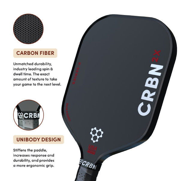 CRBN 2X Power Series pickleball paddle, front face — hybrid shape, Raw T700 carbon fiber hitting surface