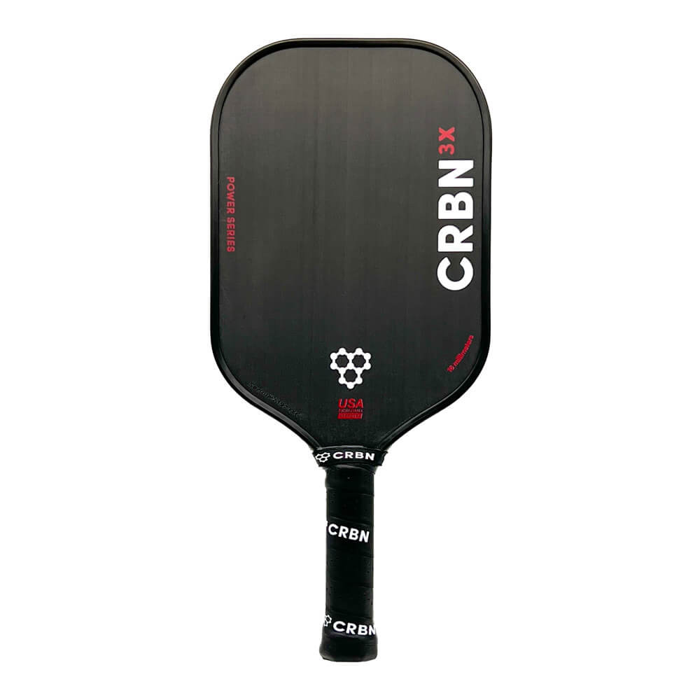 CRBN-3X Power Series pickleball paddle, front face — elongated shape, Raw T700 carbon hitting surface