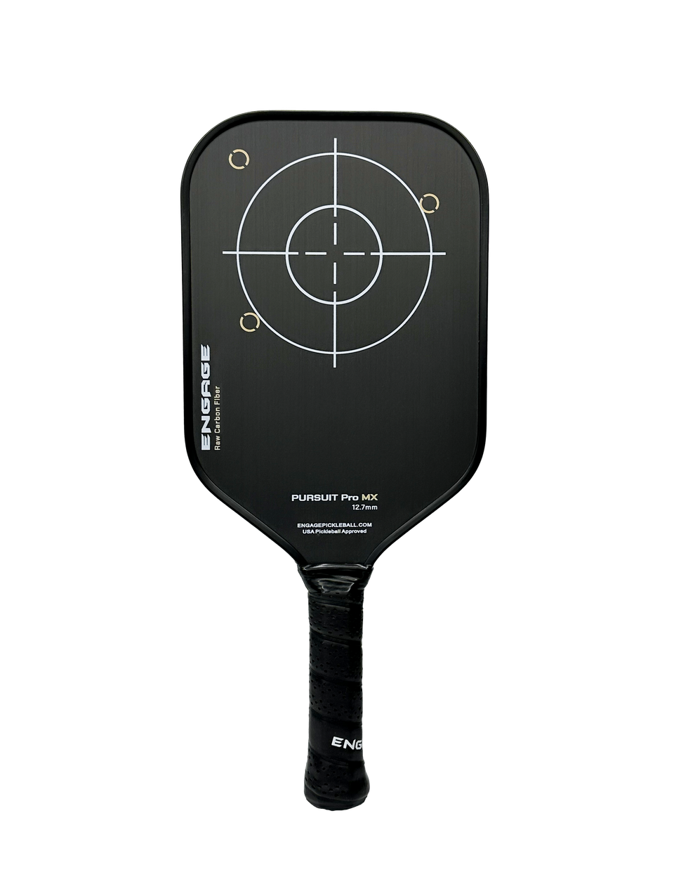Engage Pursuit Pro MX 12.7 pickleball paddle, front face — elongated shape, Raw Toray T700 Carbon Fiber hitting surface