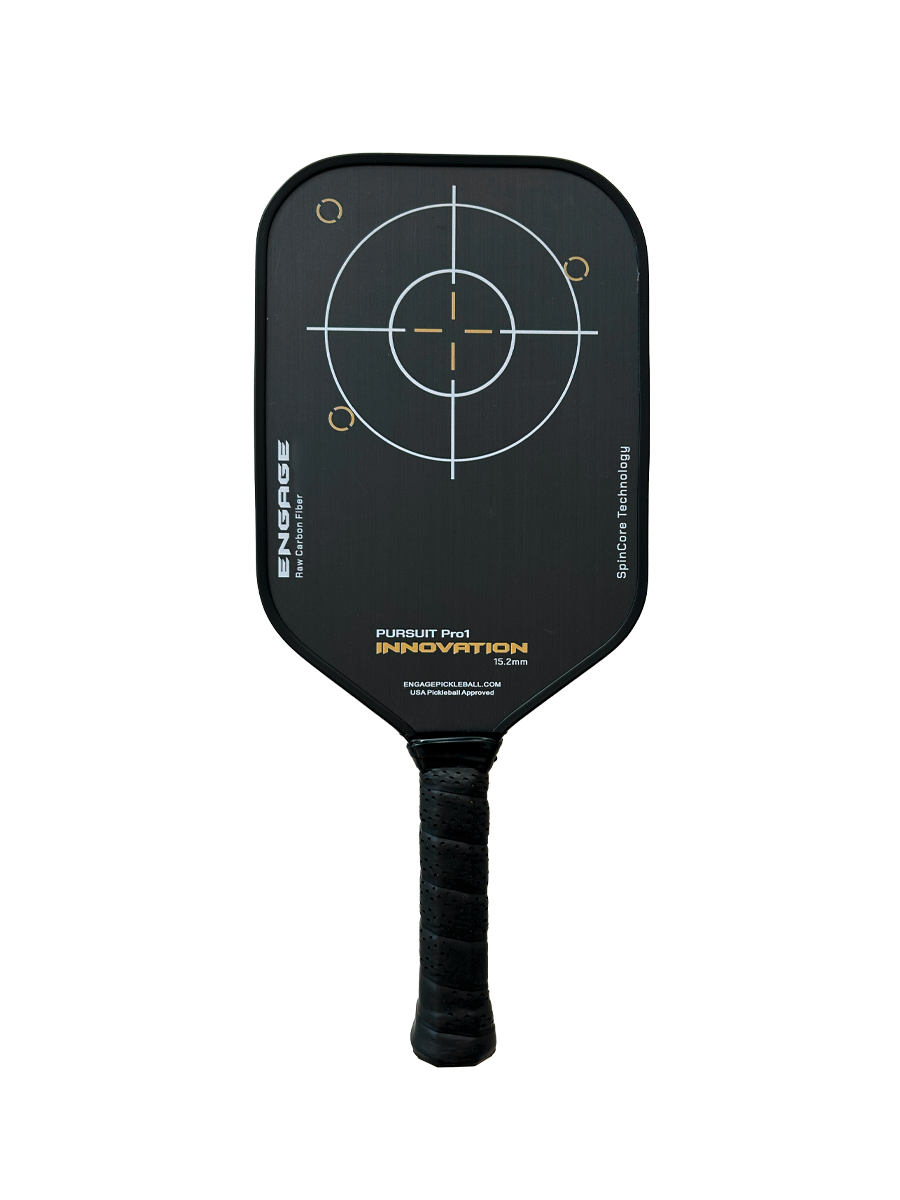 Engage Pursuit Pro1 6.0 Hybrid pickleball paddle, front face — hybrid shape, Raw Toray T700 Carbon Fiber hitting surface