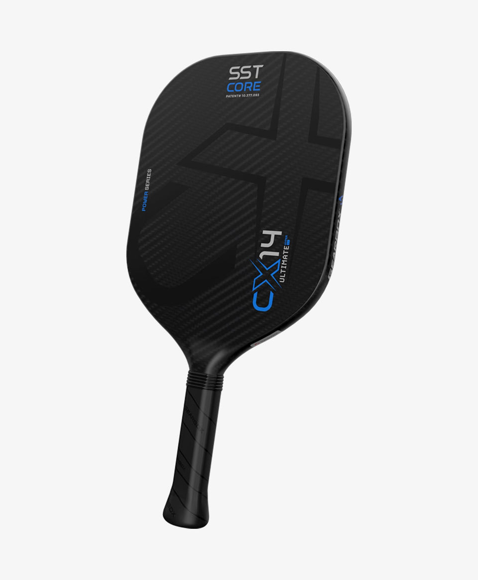 Gearbox CX14E Ultimate Power pickleball paddle, front face — elongated shape, Solid-span carbon hitting surface
