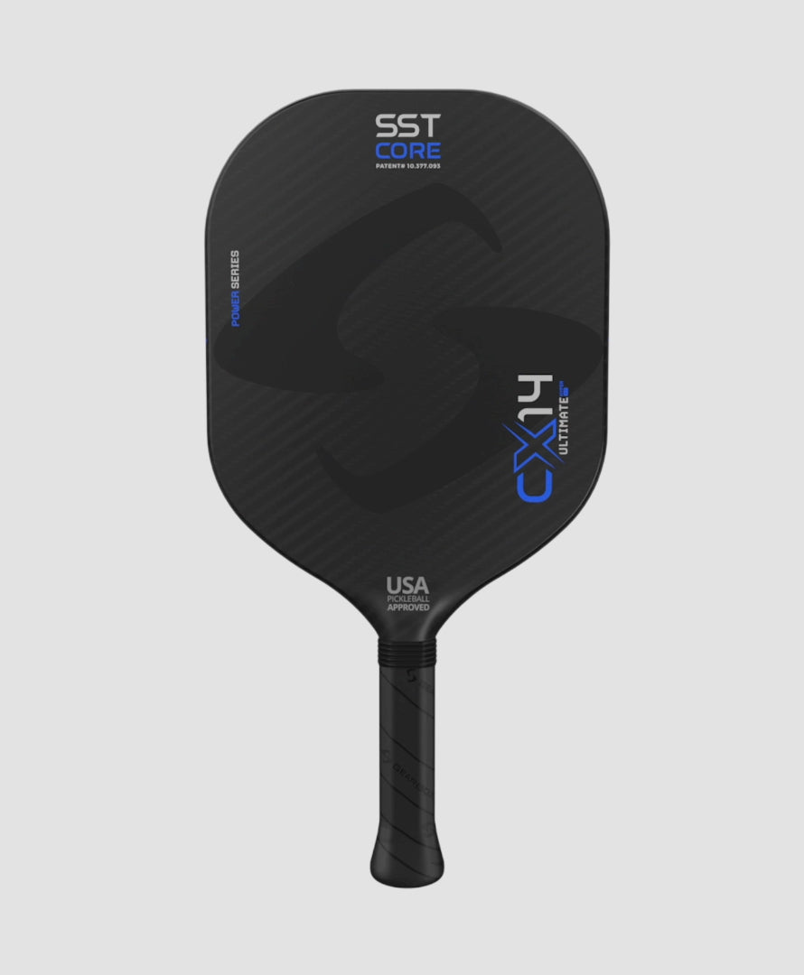 Gearbox CX14H Ultimate Power pickleball paddle, front face — hybrid shape, Solid-span carbon fiber hitting surface