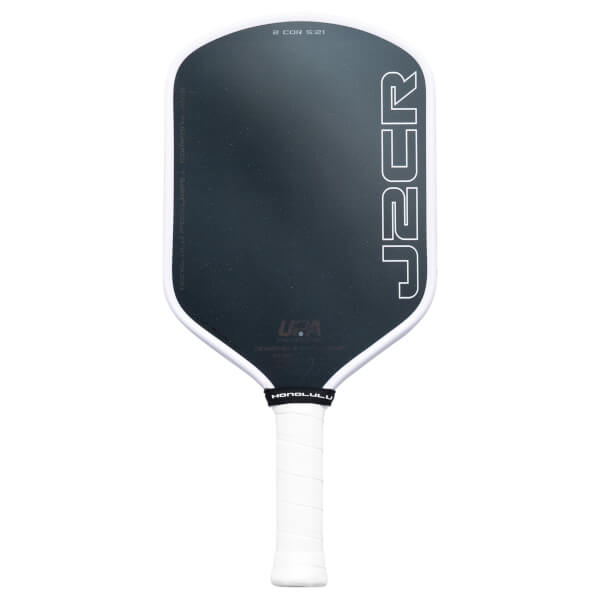Honolulu J2CR pickleball paddle, front face — hybrid shape, Blue Grit textured carbon hitting surface