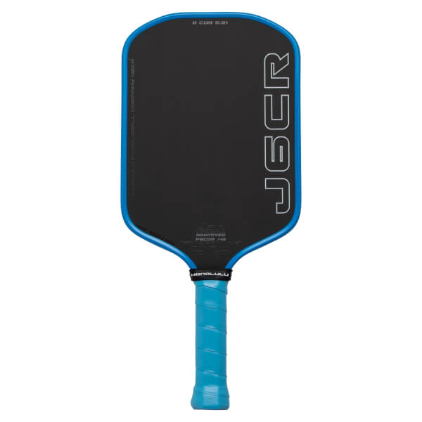 Honolulu J6CR pickleball paddle, front face — elongated shape, Carbon Fiber, Fiberglass hitting surface