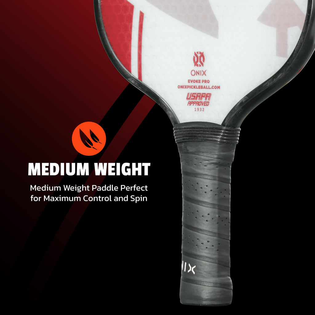 Handle of the ONIX Evoke Pro Carbon 16 pickleball paddle — 5 in grip length, 4.25 in circumference