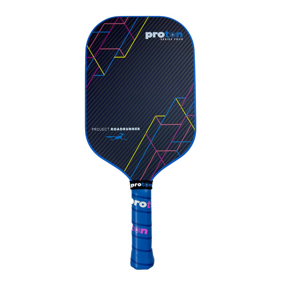 Proton Series Four (Project Roadrunner) pickleball paddle, front face — elongated shape, Aerospace bi-directional carbon with exposed aramid weave hitting surface