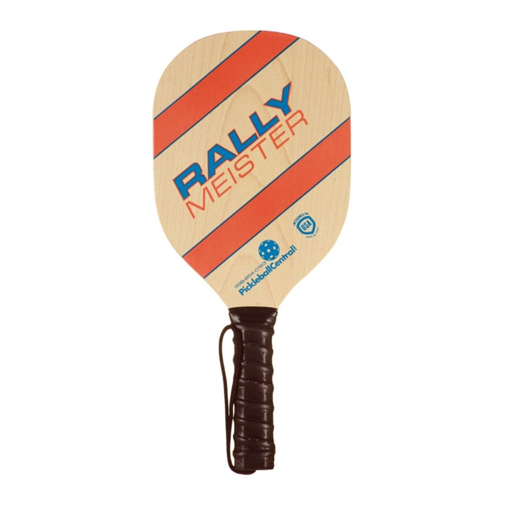 Rally Meister Wood pickleball paddle, front face — standard shape, Screen print over satin varnish hitting surface