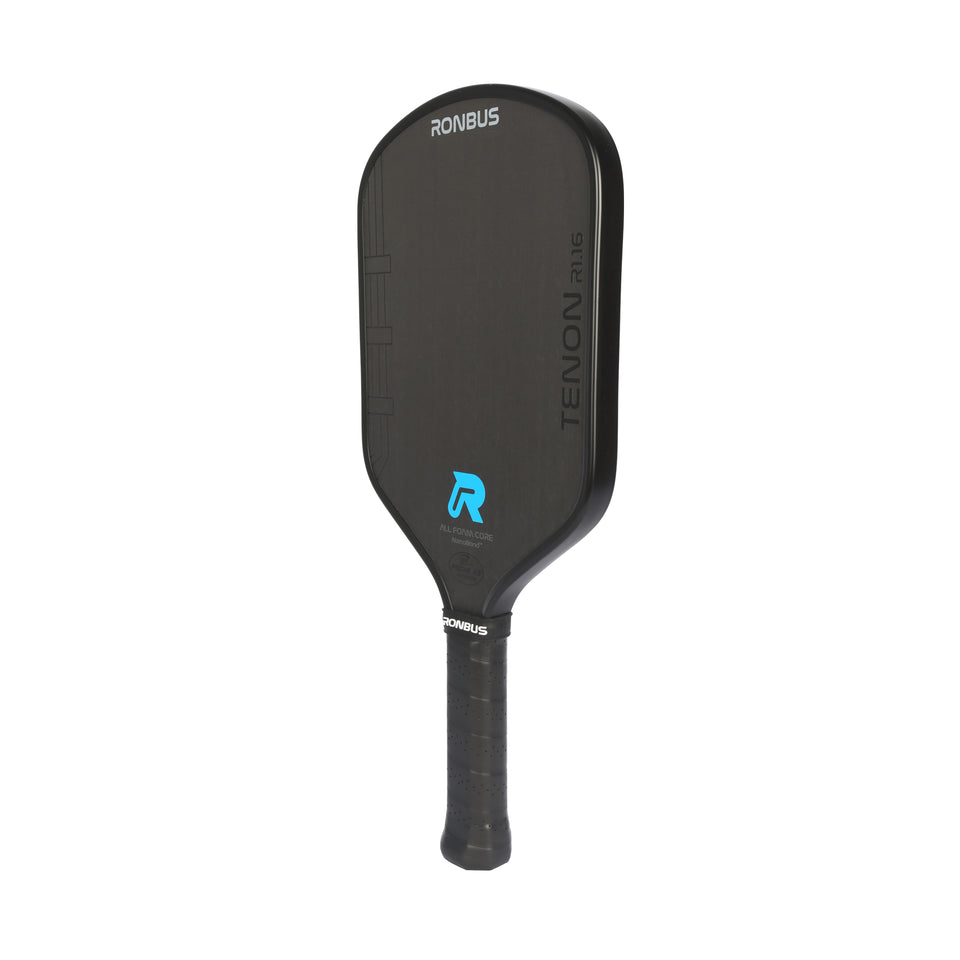 Ronbus Tenon pickleball paddle, front face — hybrid shape, Raw T700 carbon hitting surface
