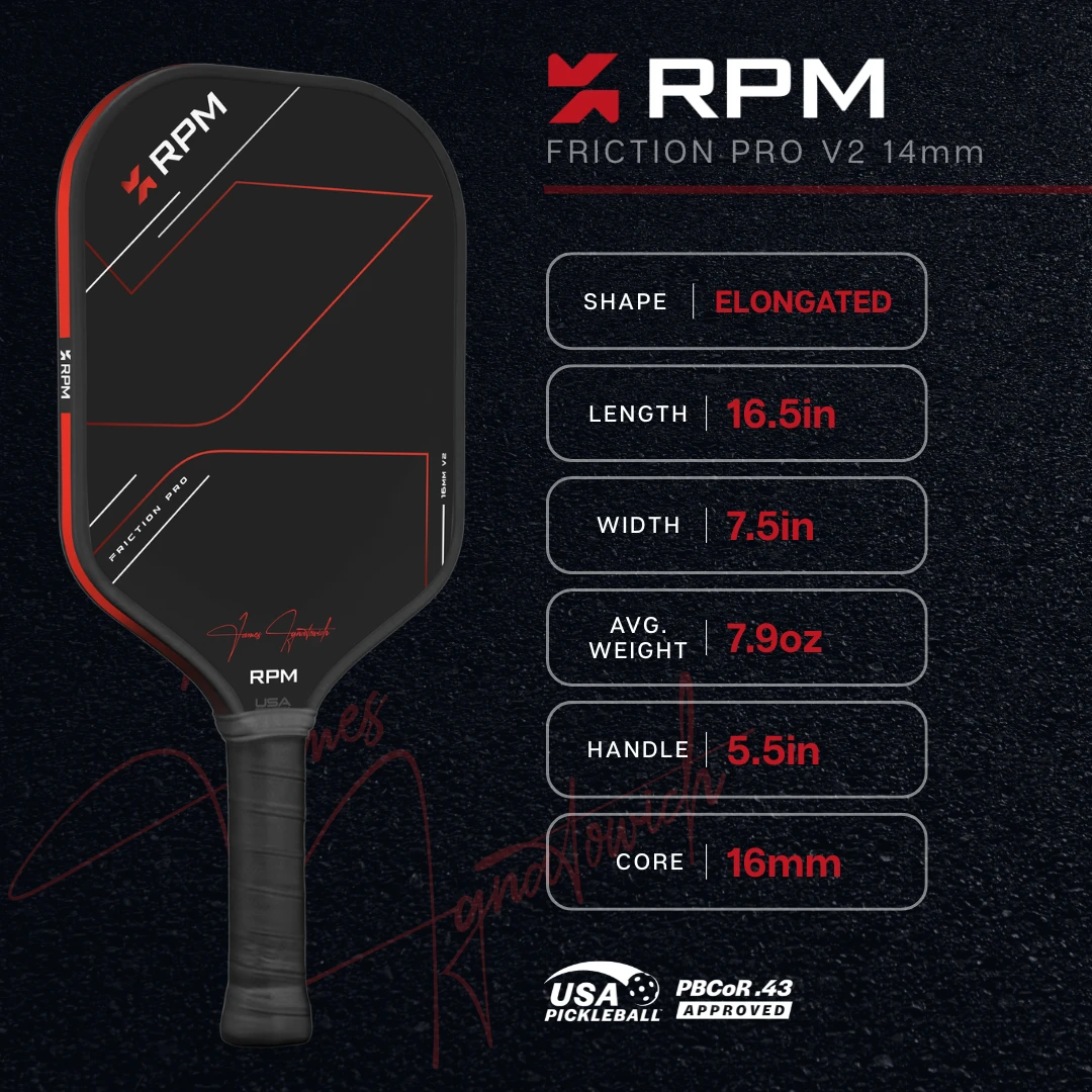 RPM Pickleball Friction Pro Elongated V2 shown at scale — 16.5 in long by 7.5 in wide, 7.9 oz
