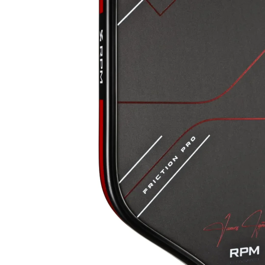 Close-up of the edge guard and bumper on the RPM Pickleball Friction Pro Elongated V2 pickleball paddle