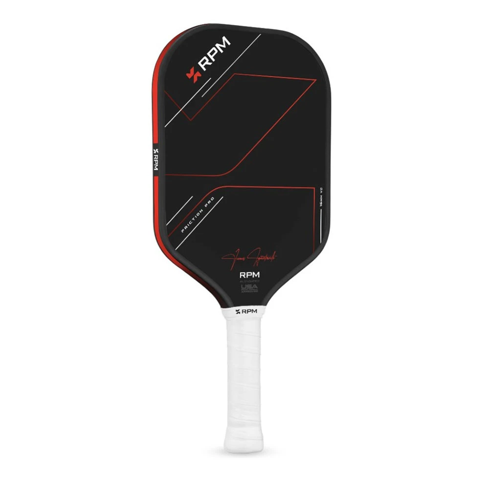 RPM Pickleball Friction Pro Elongated V2 pickleball paddle, front face — elongated shape, CarbonBite raw carbon with Axial Carbon Layup hitting surface