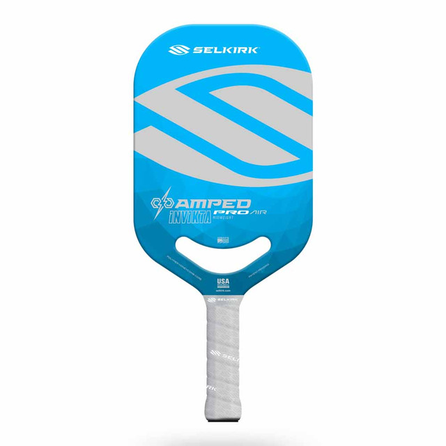 Selkirk AMPED Pro Air Invikta pickleball paddle, front face — elongated shape, FiberFlex+ fiberglass with ProSpin+ micro texture hitting surface
