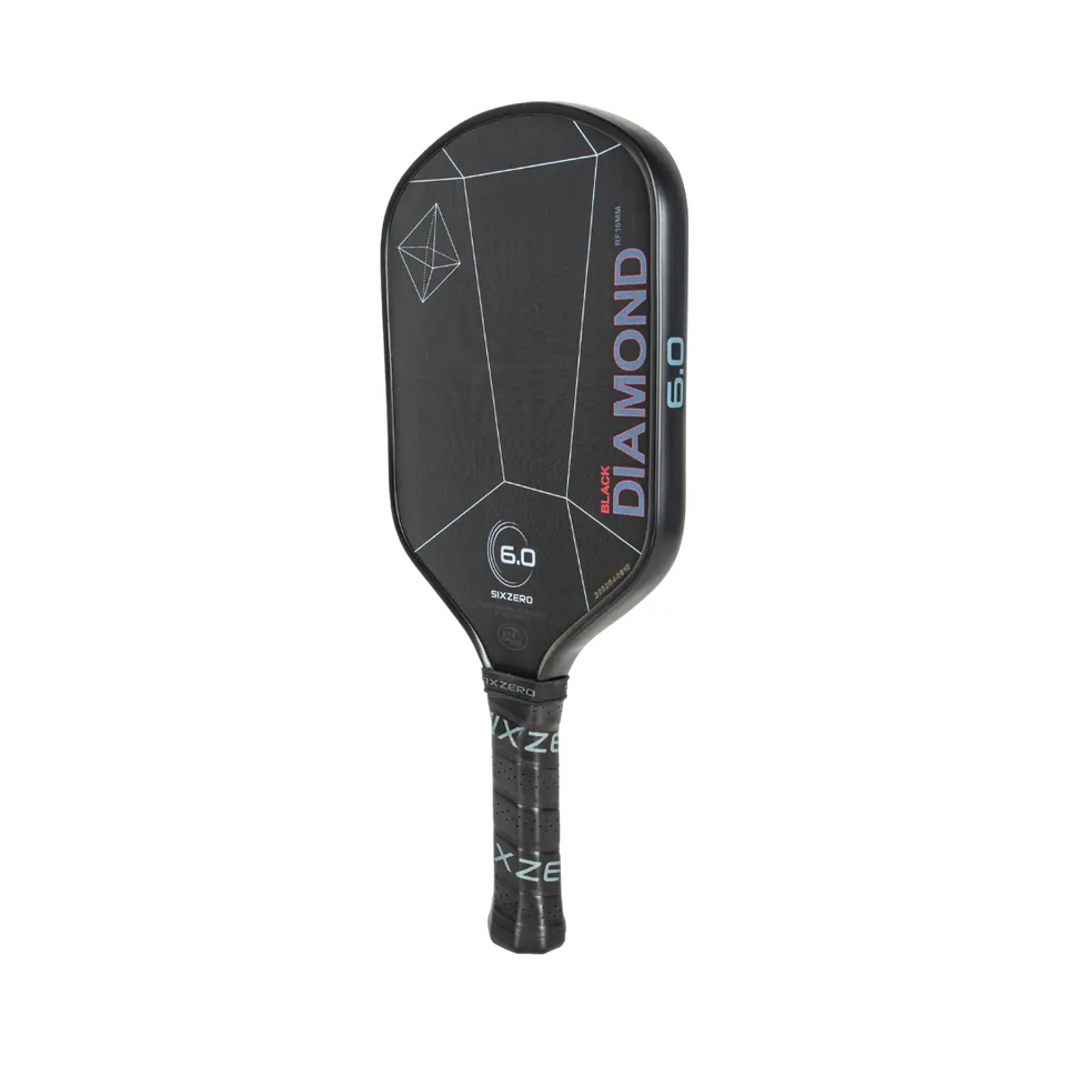 Six Zero Black Diamond Power 16 pickleball paddle, front face — elongated shape, Raw Toray T700 carbon hitting surface
