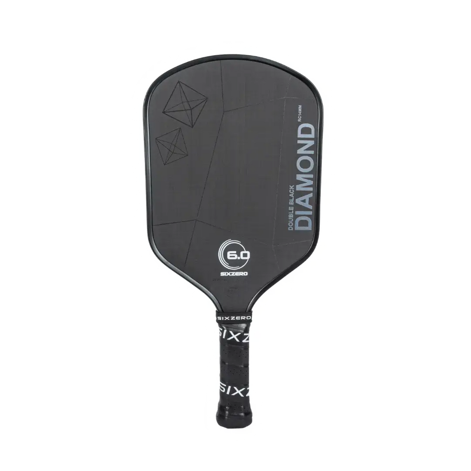 Six Zero Double Black Diamond Control pickleball paddle, front face — widebody shape, Raw T700 carbon hitting surface