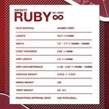Six Zero Infinity Ruby 16 shown at scale — 16.3 in long by 7.7 in wide, 8.2 oz
