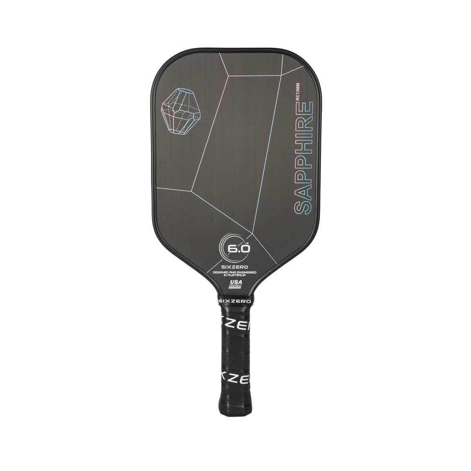Six Zero Sapphire 16 pickleball paddle, front face — standard shape, Toray T700 raw carbon hitting surface