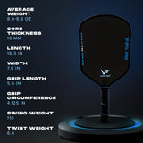 Handle of the Vatic Pro V-Sol Pro 16 pickleball paddle — 5.3 in grip length, 4.25 in circumference