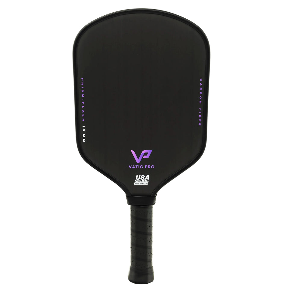 Vatic Pro V7 Hybrid pickleball paddle, front face — hybrid shape, Raw T700 carbon hitting surface
