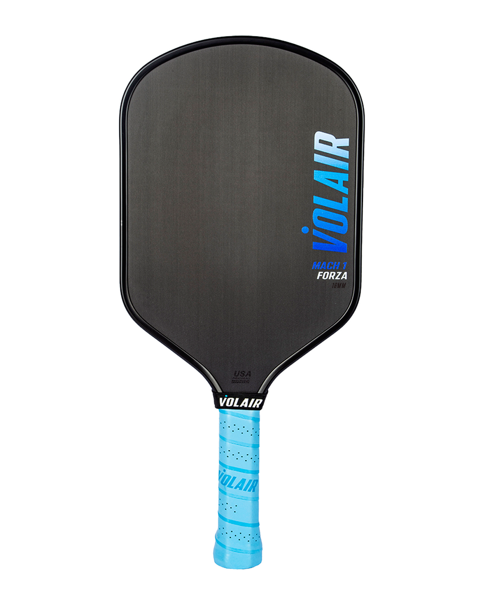 Volair Mach 1 Forza 16 pickleball paddle, front face — hybrid shape, Raw carbon hitting surface