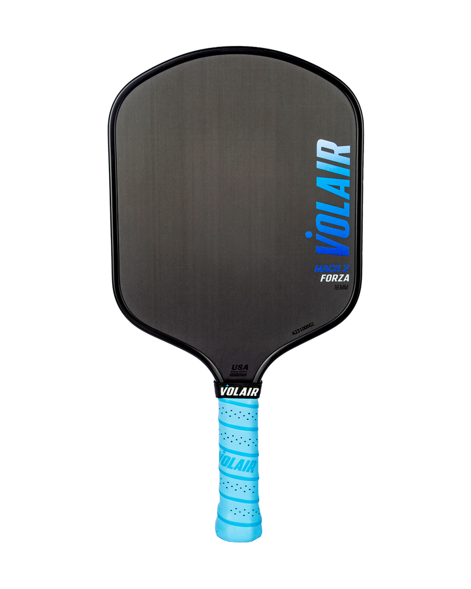 Volair Mach 2 Forza 16 pickleball paddle, front face — elongated shape, Raw T700 carbon hitting surface